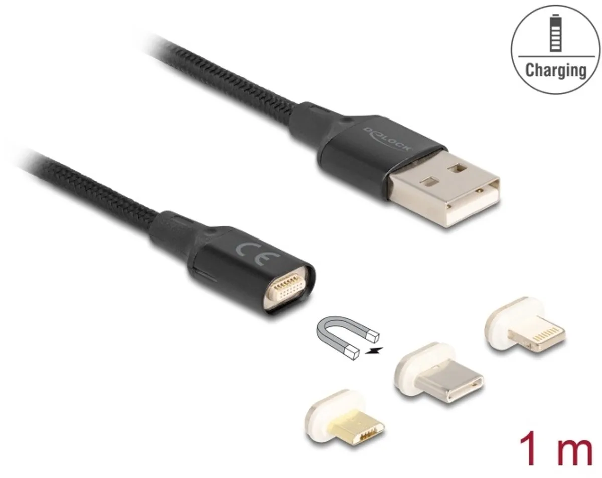 Magnetic USB Charging Cable Set for 8 Pin Lightning™ / Micro USB / USB Type-C™ black 1 m by Delock in Black – product photo