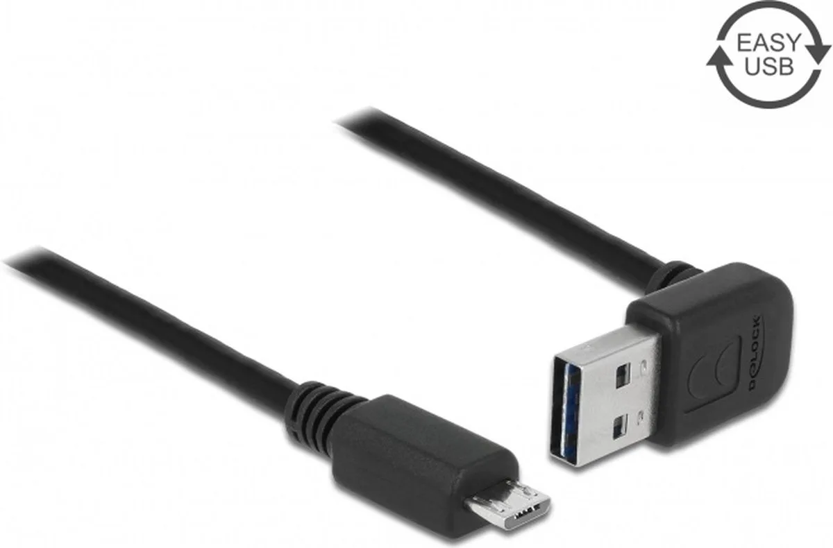 Micro USB naar Easy-USB-A haaks (boven/beneden) kabel - USB2.0 - tot 2A / 5 meter fra Delock i Sort – produktbillede