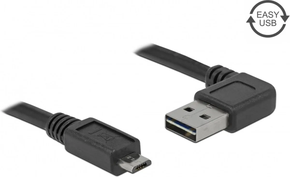 Micro USB naar Easy-USB-A haaks (links/rechts) kabel - USB2.0 - tot 2A / 2 meter fra Delock i Sort – produktbillede