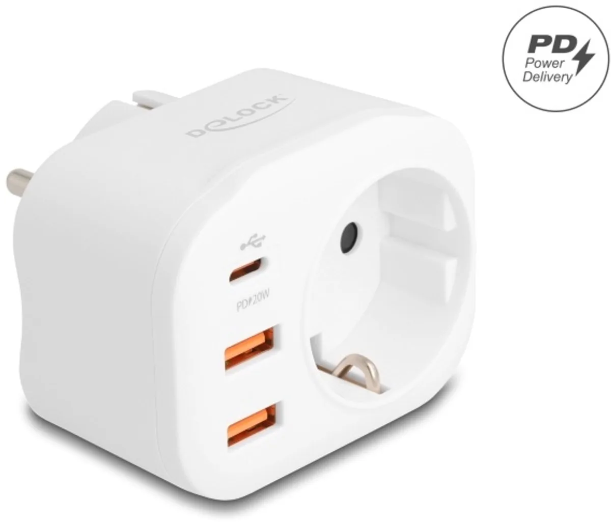 Power Socket with childproof lock and USB PD charger 20 W de Delock en Blanc – photo produit