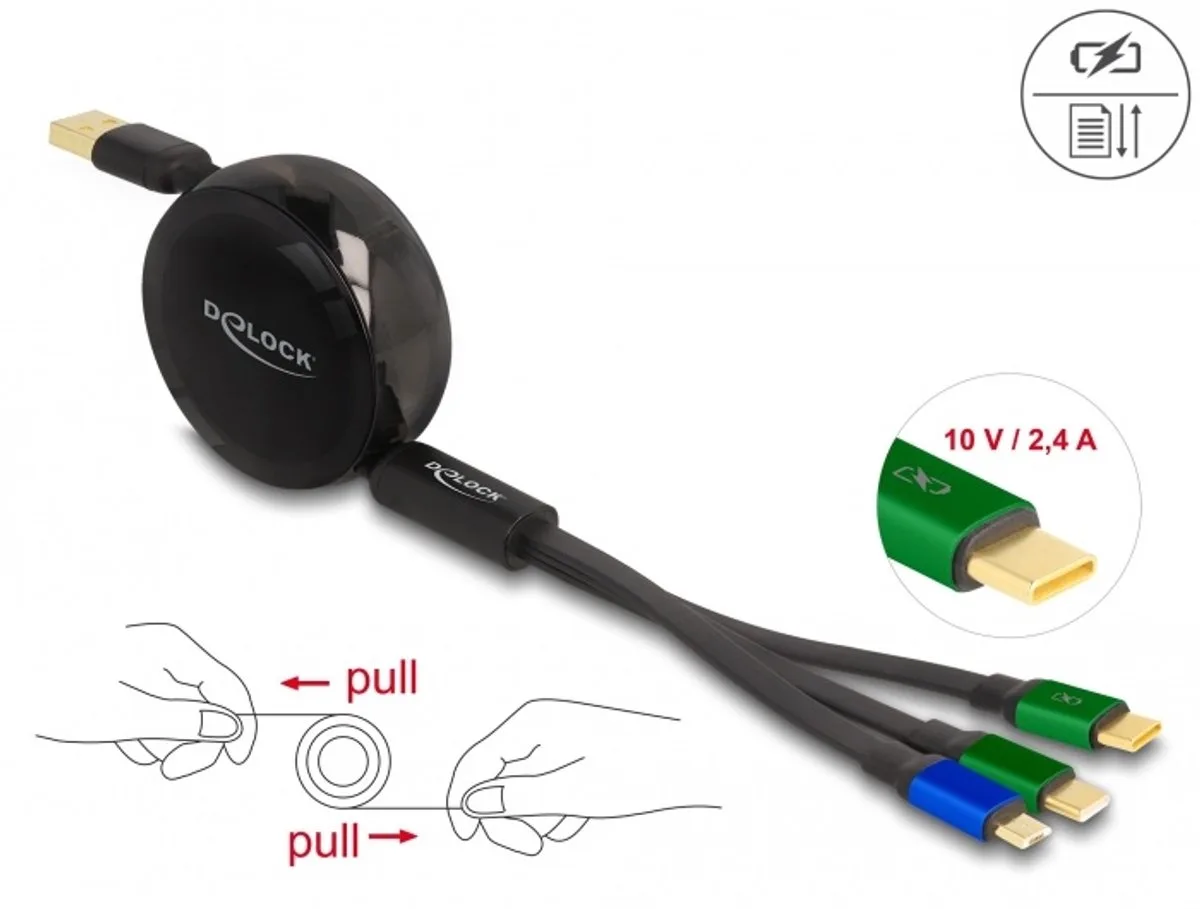 USB 3 in 1 Retractable Charging Cable for Micro USB / 2 x USB Type-C™ with Fast Charging black by Delock in Black, Green, Blue – product photo
