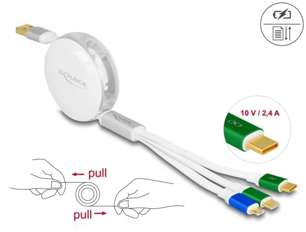 USB 3 in 1 Retractable Charging Cable Type-A to Micro USB / 2 x USB Type-C™ with Fast Charging white van Delock in Wit – productfoto