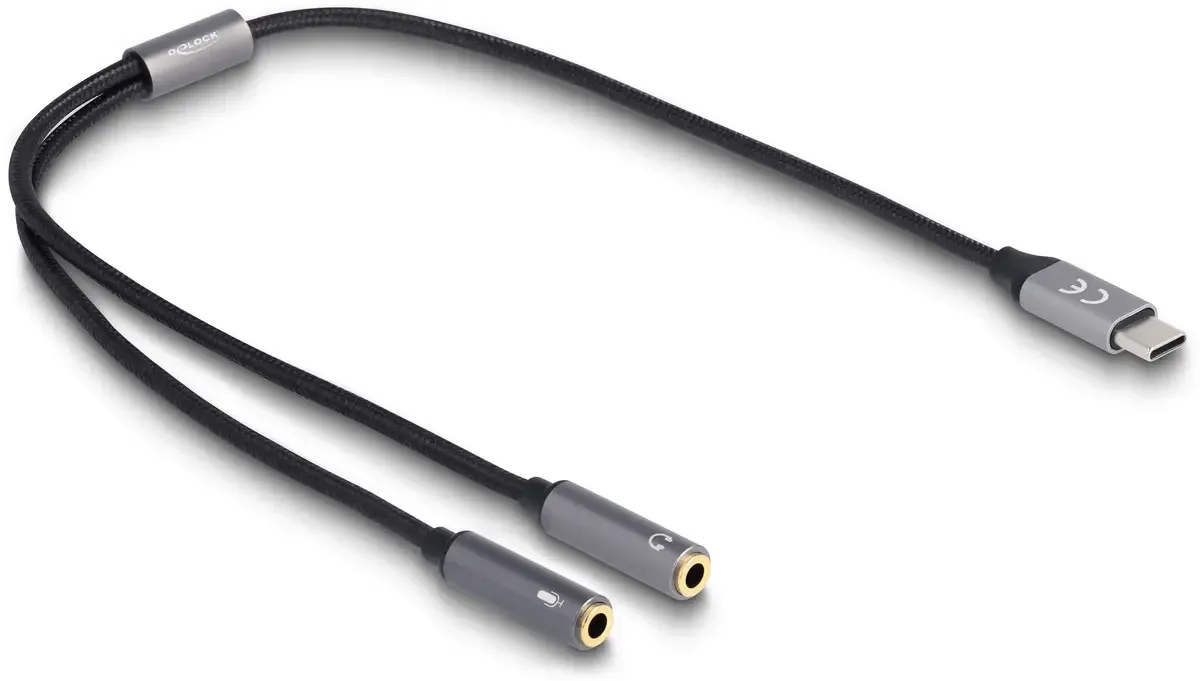 USB-C® Kabel USB-C® Stecker, Klinke 3.5 mm Buchse, Klinke 3.5 mm Buchse 0.40 m Anthrazit, Schwarz Textil-Mantel 66616 fra Delock – produktbillede