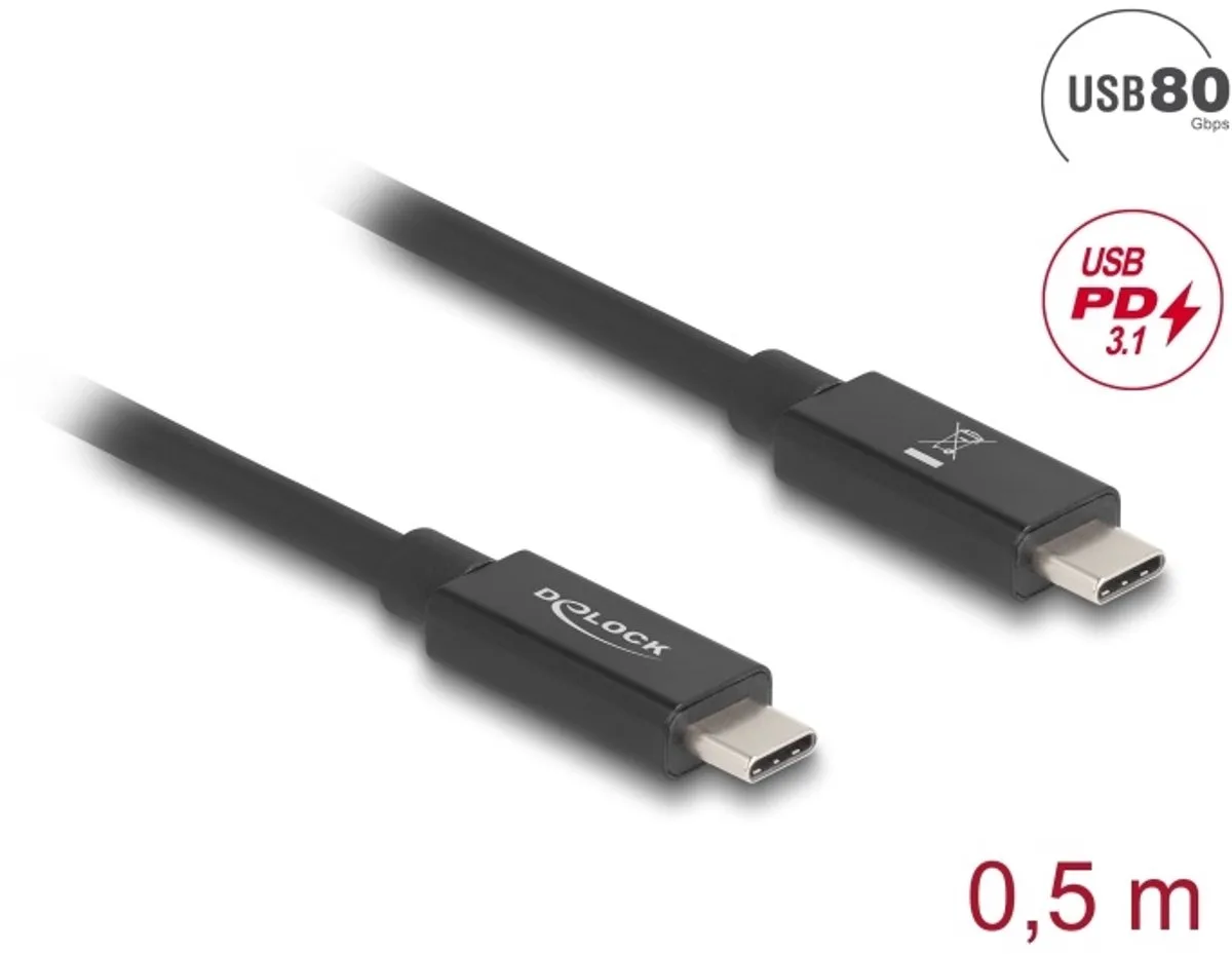 USB-C kabel | USB4 80 Gbps | PD 240W | 16K 60Hz | 0,50 meter från Delock i Svart – produktbild
