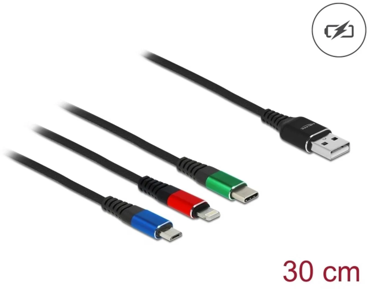 USB Charging Cable 3 in 1 Type-A to Lightning™ / Micro USB / USB Type-C™ 30 cm 3-coloured by Delock in Black, Blue, Green, Red – product photo