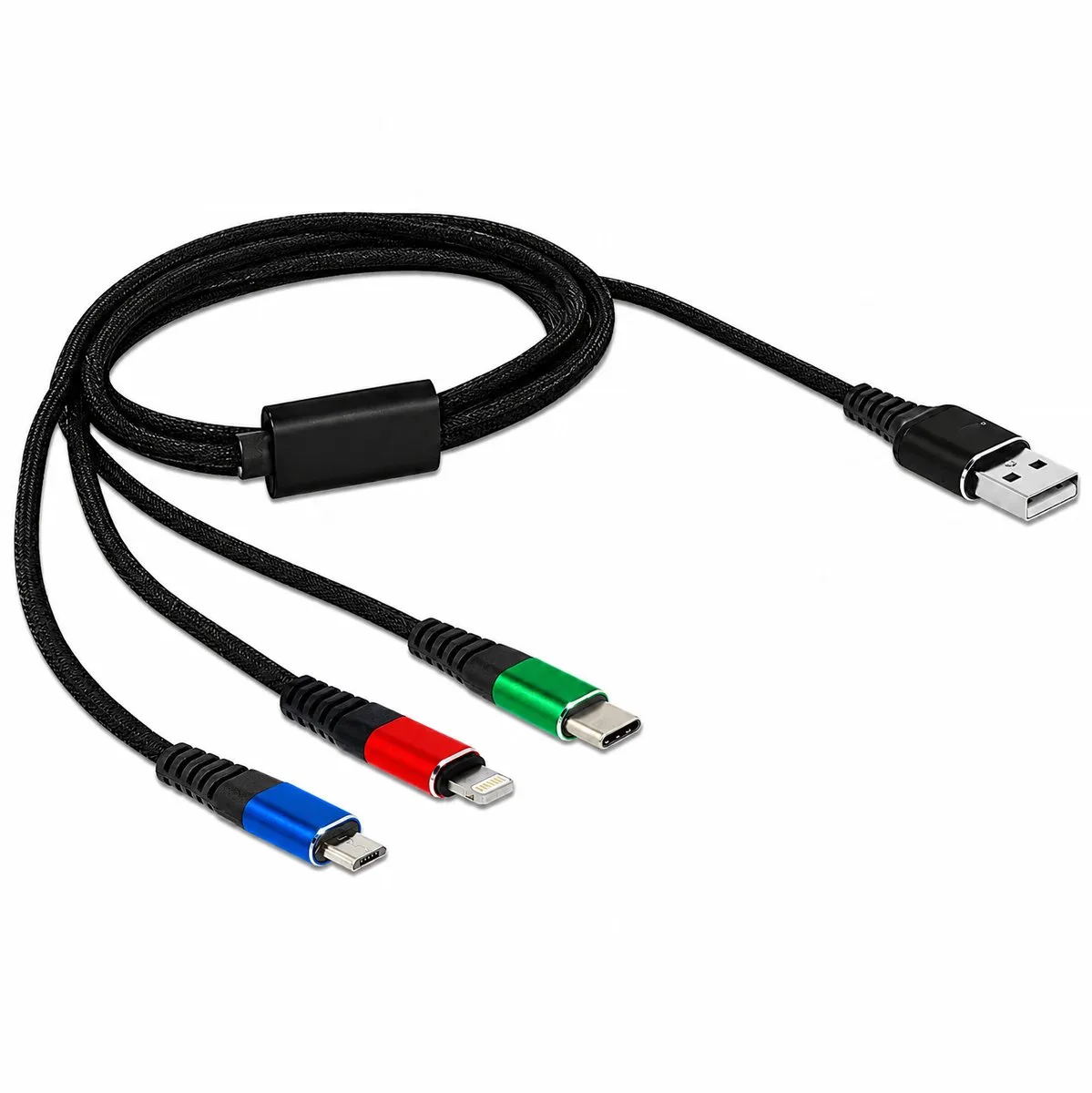 USB Charging Cable 3 in 1 Type-A to Lightning™ / Micro USB / USB Type-C™ 1 m 3-coloured van Delock in Groen, Zwart, Rood, Blauw – productfoto