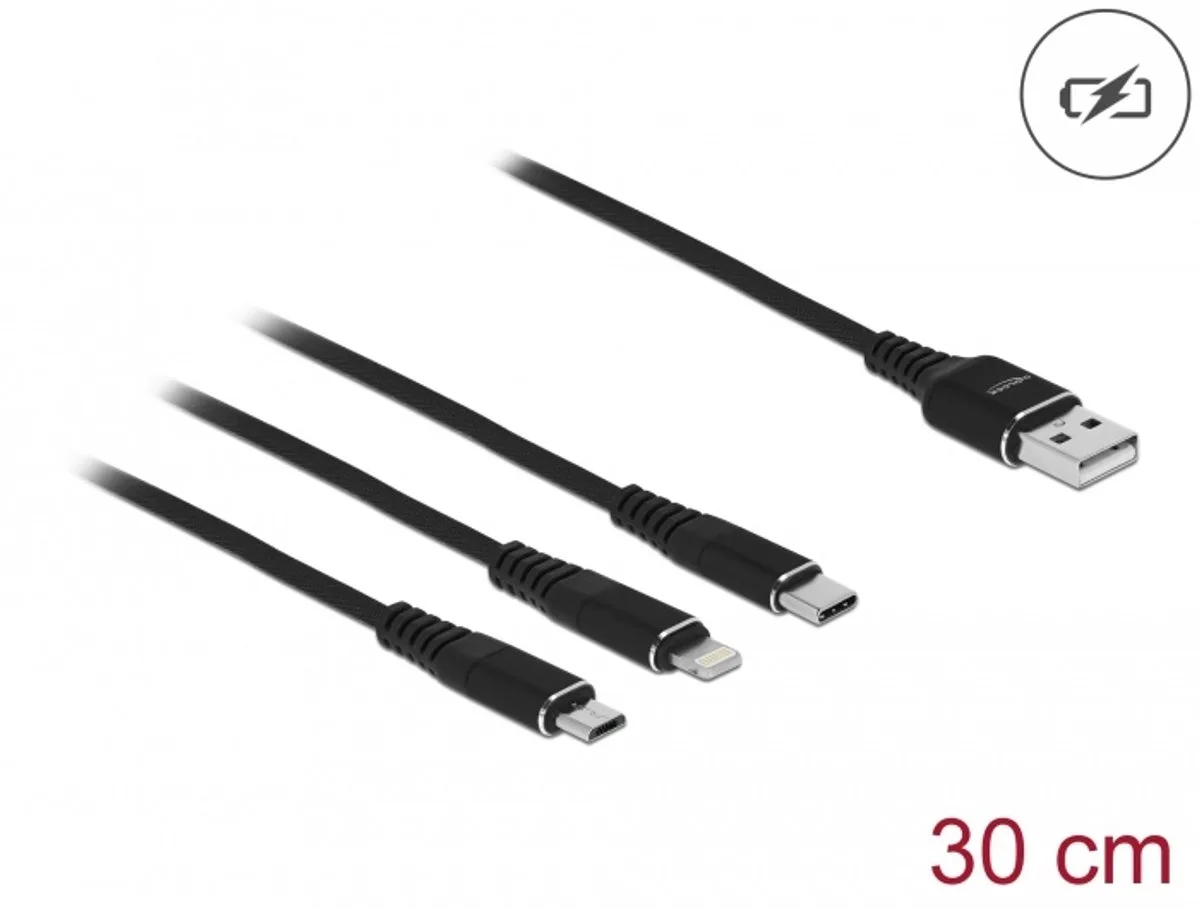 USB Charging Cable 3 in 1 Type-A to Lightning™ / Micro USB / USB Type-C™ 30 cm black de Delock en Noir – photo produit