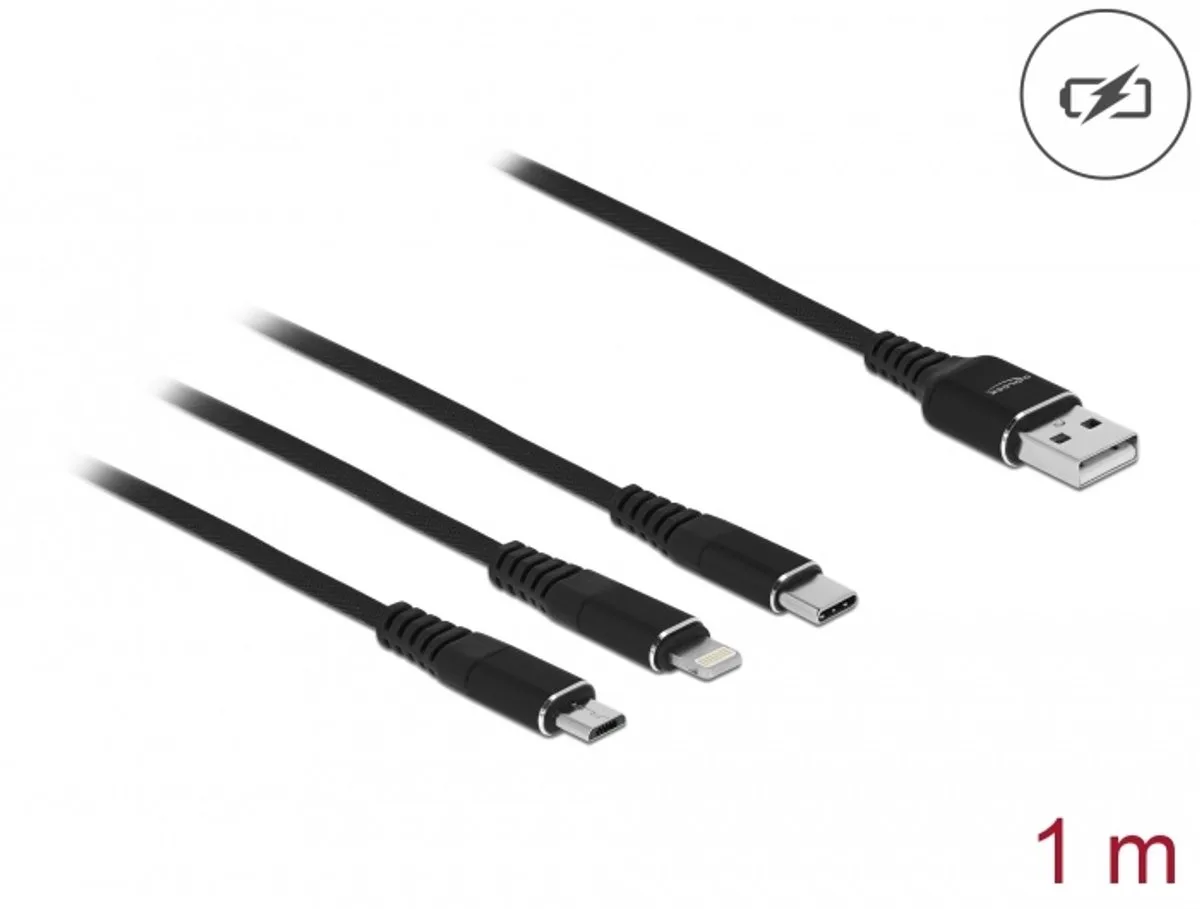 USB Charging Cable 3 in 1 Type-A to Lightning™ / Micro USB / USB Type-C™ 1 m black van Delock in Zwart – productfoto