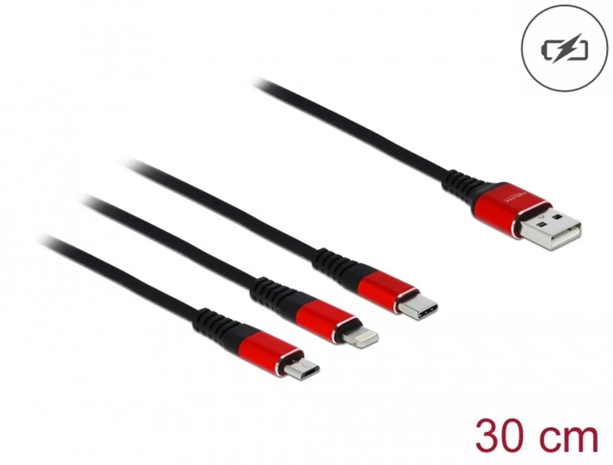 USB Charging Cable 3 in 1 Type-A to Lightning™ / Micro USB / USB Type-C™ 30 cm black / red de Delock en Noir, Rouge – photo produit