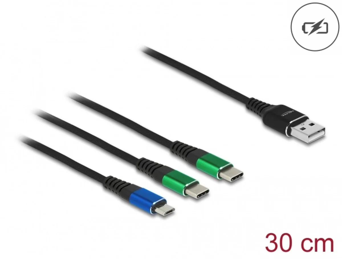 USB Charging Cable 3 in 1 Type-A to Micro USB / 2 x USB Type-C™ 30 cm van Delock in Zwart, Blauw, Groen – productfoto
