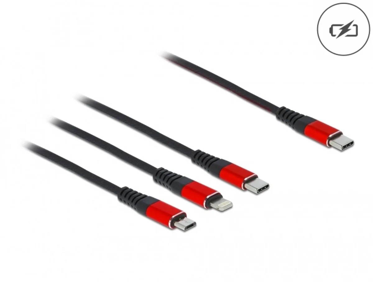 USB Charging Cable 3 in 1 USB Type-C™ to Lightning™ / Micro USB / USB Type-C™ 30 cm black / red van Delock in Zwart, Rood – productfoto