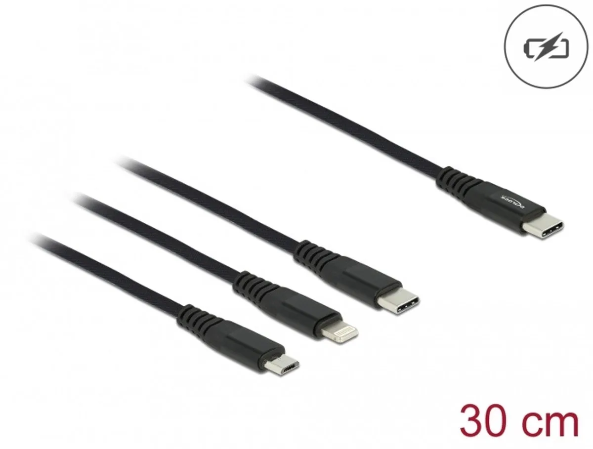 USB Charging Cable 3 in 1 USB Type-C™ to Lightning™ / Micro USB / USB Type-C™ 30 cm by Delock in Black – product photo