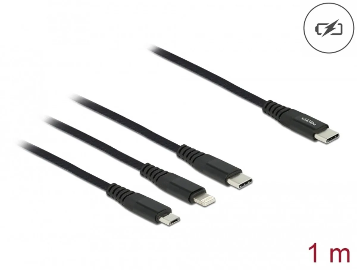 USB Charging Cable 3 in 1 USB Type-C™ to Lightning™ / Micro USB / USB Type-C™ 1 m de Delock en Noir – photo produit