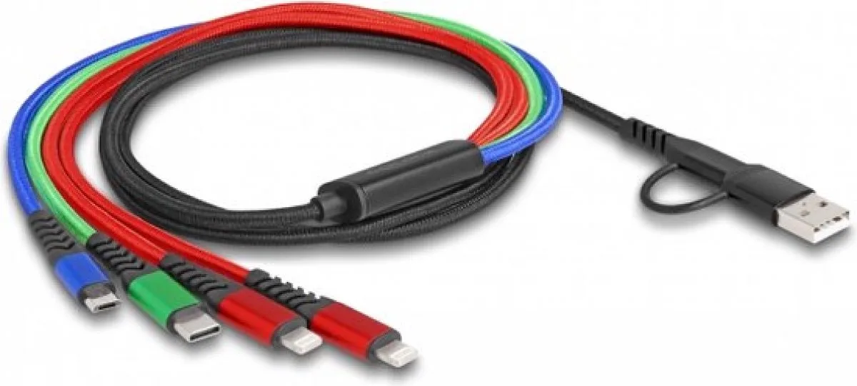 USB Charging Cable 4 in 1 USB Type-A + USB-C™ to 2 x Lightning™ / Micro USB / USB Type-C™ 1.20 m van Delock in Zwart, Blauw, Groen, Rood – productfoto
