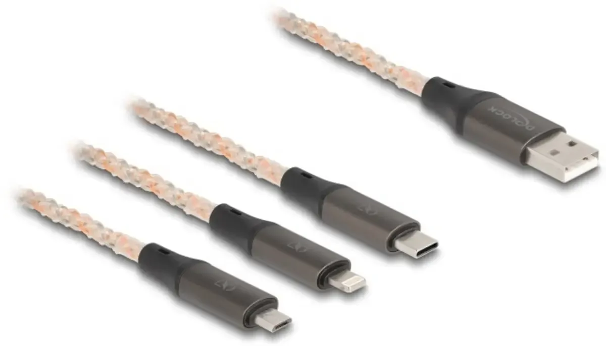 USB-Kabel USB 2.0 USB-A Stecker, USB-C® Stecker, USB-Micro-B Stecker, Apple Lightning Stecker 1.20 m Transparent 88158 fra Delock – produktbillede