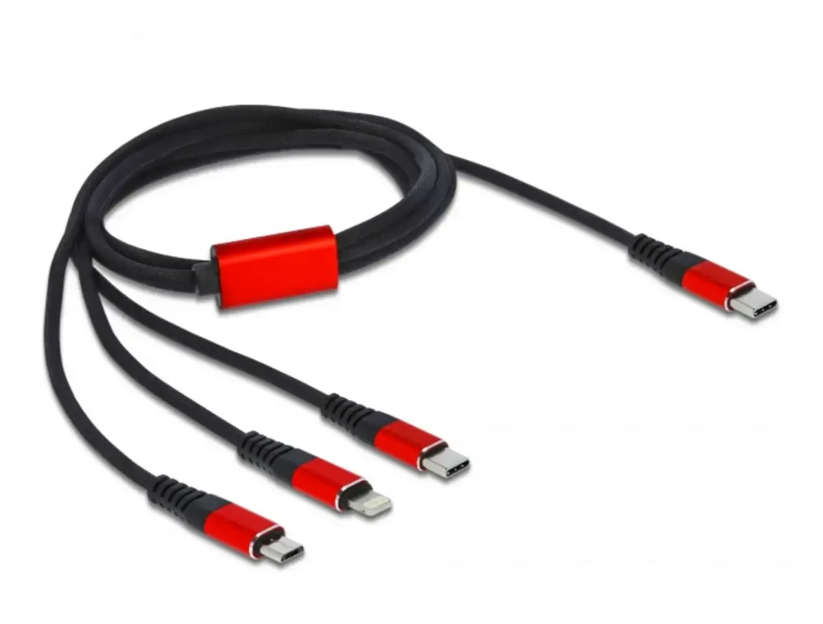 USB-Ladekabel USB 2.0 USB-C® Stecker, USB-C® Stecker, USB-Micro-B Stecker, Apple Lightning Stecker 1.00 m Schwarz, Rot 86711 fra Delock – produktbillede