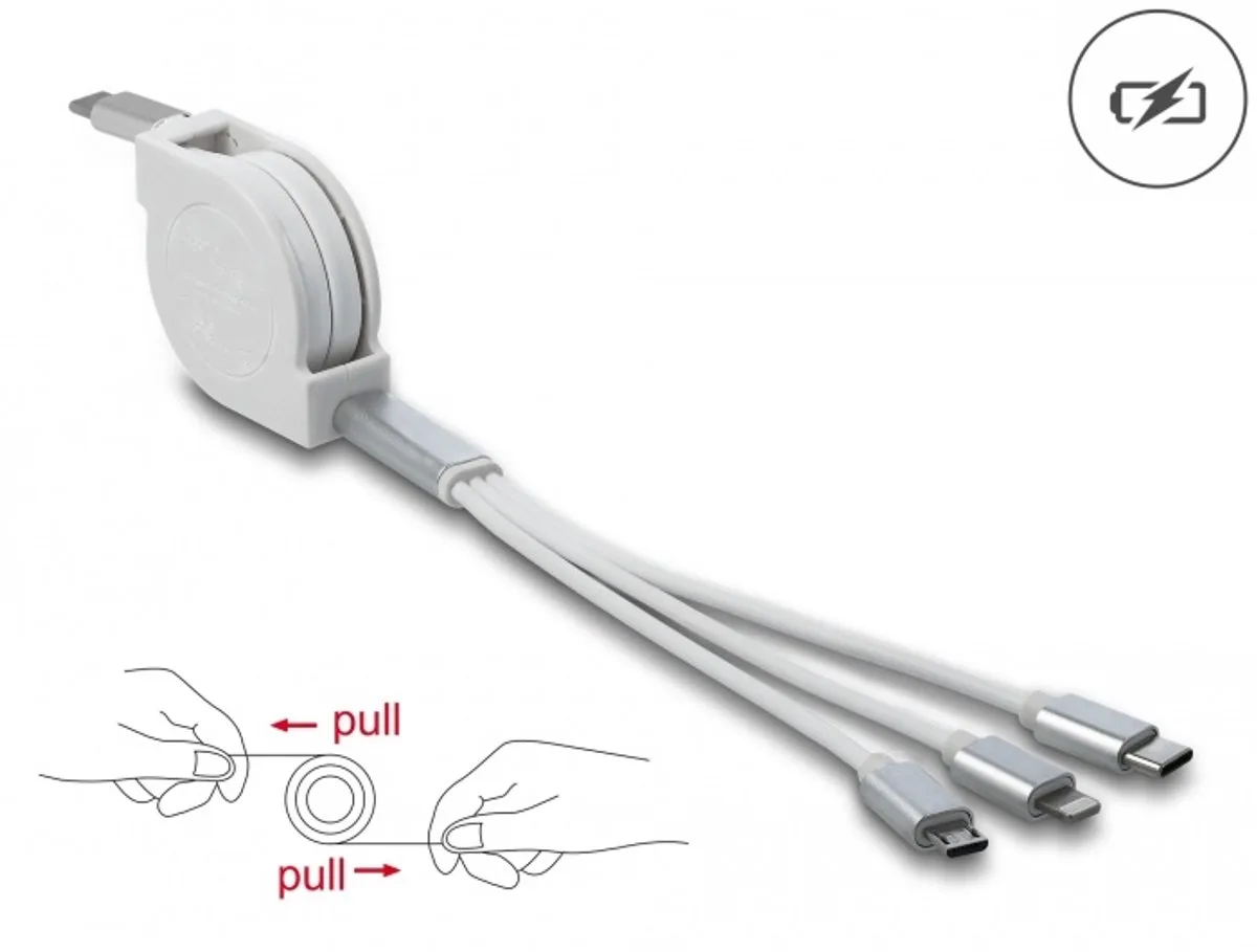 USB Type-C™ 3 in 1 Retractable Charging Cable for Lightning™ / Micro USB / USB Type-C™ white by Delock in Silver, White – product photo