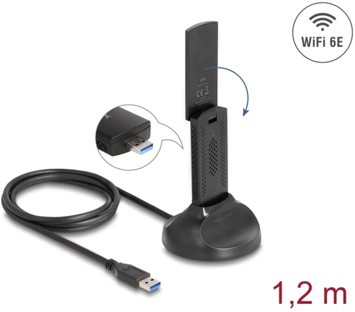 Wi-Fi 6E Dual Band WLAN USB Adapter AX5400 (2 x 2402 + 574 Mbps) fra Delock i Sort – produktbillede