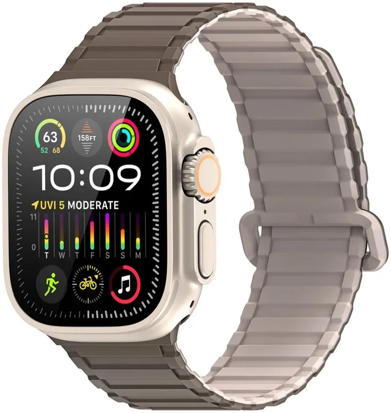 Bandje - Apple Watch 1/2/3/4/5/6/7/8/9/10/SE/Ultra (2) - 49MM / 46MM / 45MM / 44MM / 42MM - Siliconen - Magneetsluiting - Bruin/Grijs van Dux Ducis in Bruin – productfoto