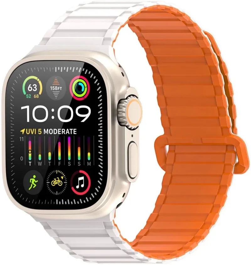 Bandje Geschikt voor Apple Watch 1/2/3/4/5/6/7/8/9/10/SE/Ultra (2) - 49MM / 46MM / 45MM / 44MM / 42MM - Siliconen - Magneetsluiting - Wit/Oranje van Dux Ducis in Wit – productfoto