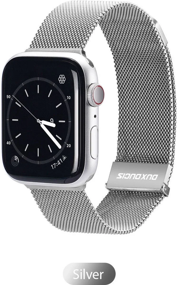 Geschikt voor Apple Watch 45MM / 44MM / 42MM Bandje Stalen Milanese van Dux Ducis in Zilver – productfoto