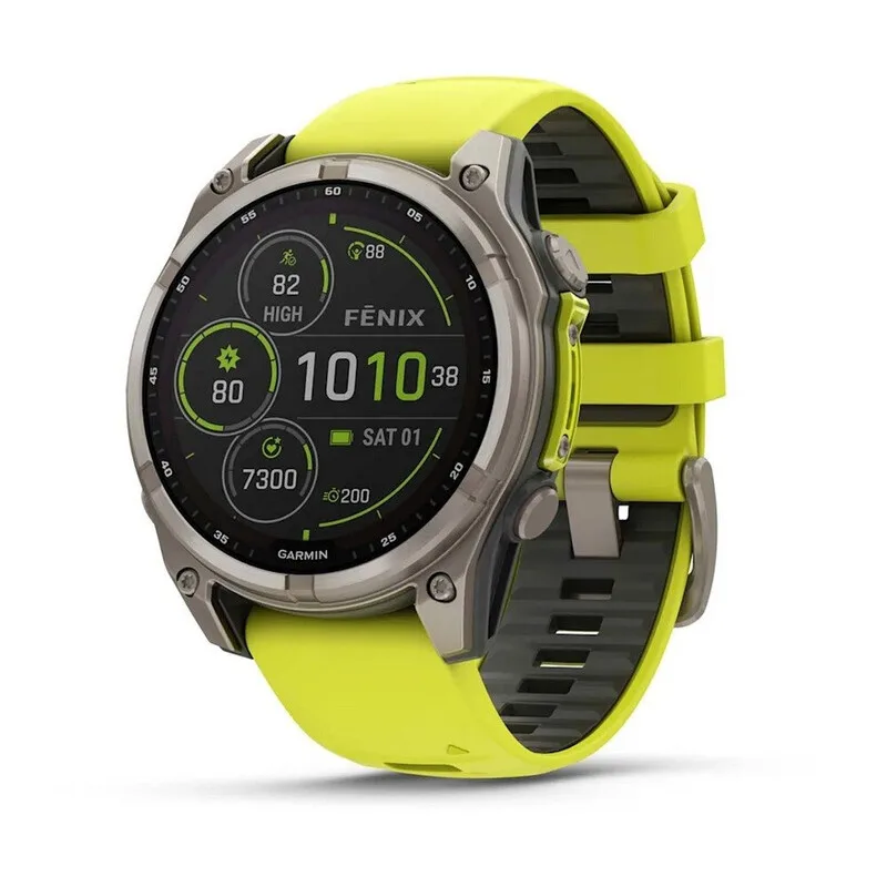 Fenix 8 47 mm Saffier Solar Smartwatch - Gele Siliconen Band von Garmin – Produktfoto