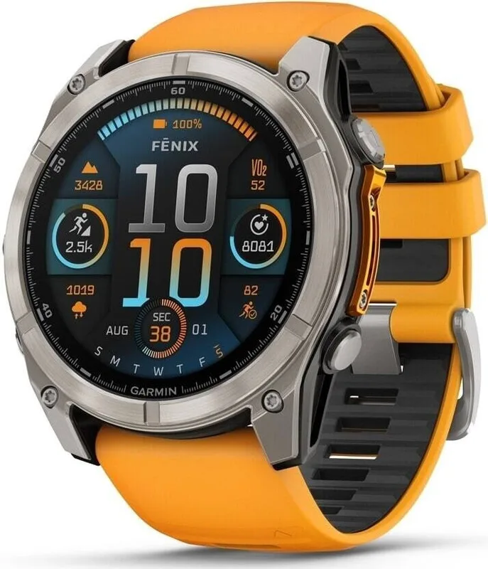 Fenix 8 – 51 mm AMOLED Saffier Titanium Smartwatch - Oranje Siliconen Band by Garmin – product photo