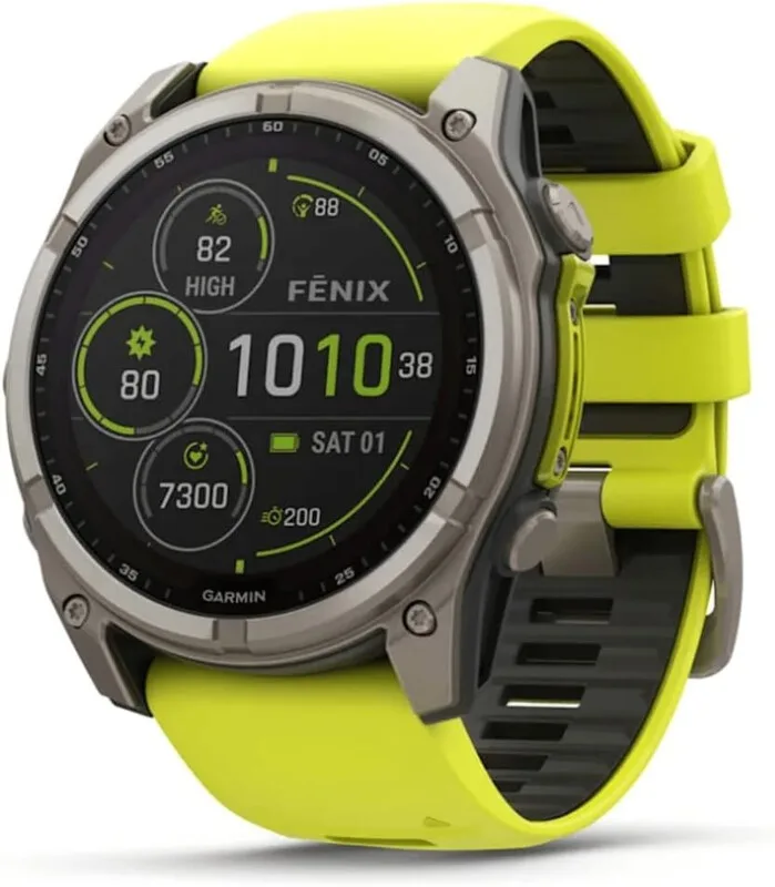 Fenix 8 Solar Sapphire GPS 51 mm - titaniumgrijze behuizing - geel siliconen bandje fra Garmin – produktbillede