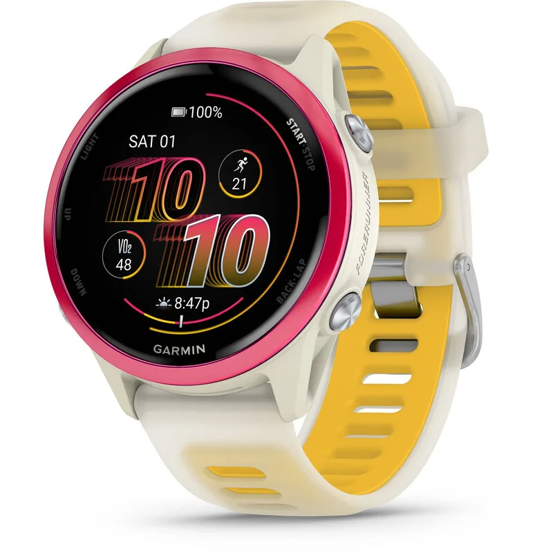 Forerunner 570 42 mm Smartwatch - Bone/Mango Aluminium Siliconen Band de Garmin – photo produit