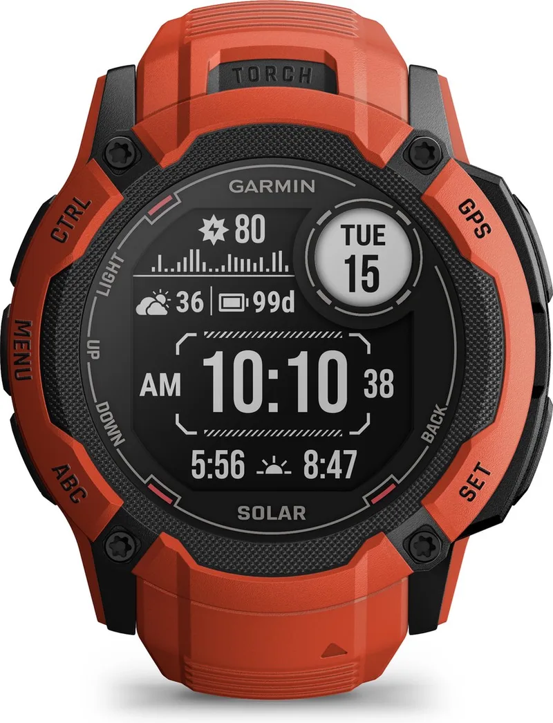 Instinct 2X Solar - Smartwatch - Oneindige batterijduur met Solar - Ingebouwde zaklamp - Multi-band GNSS von Garmin in Flame red – Produktfoto