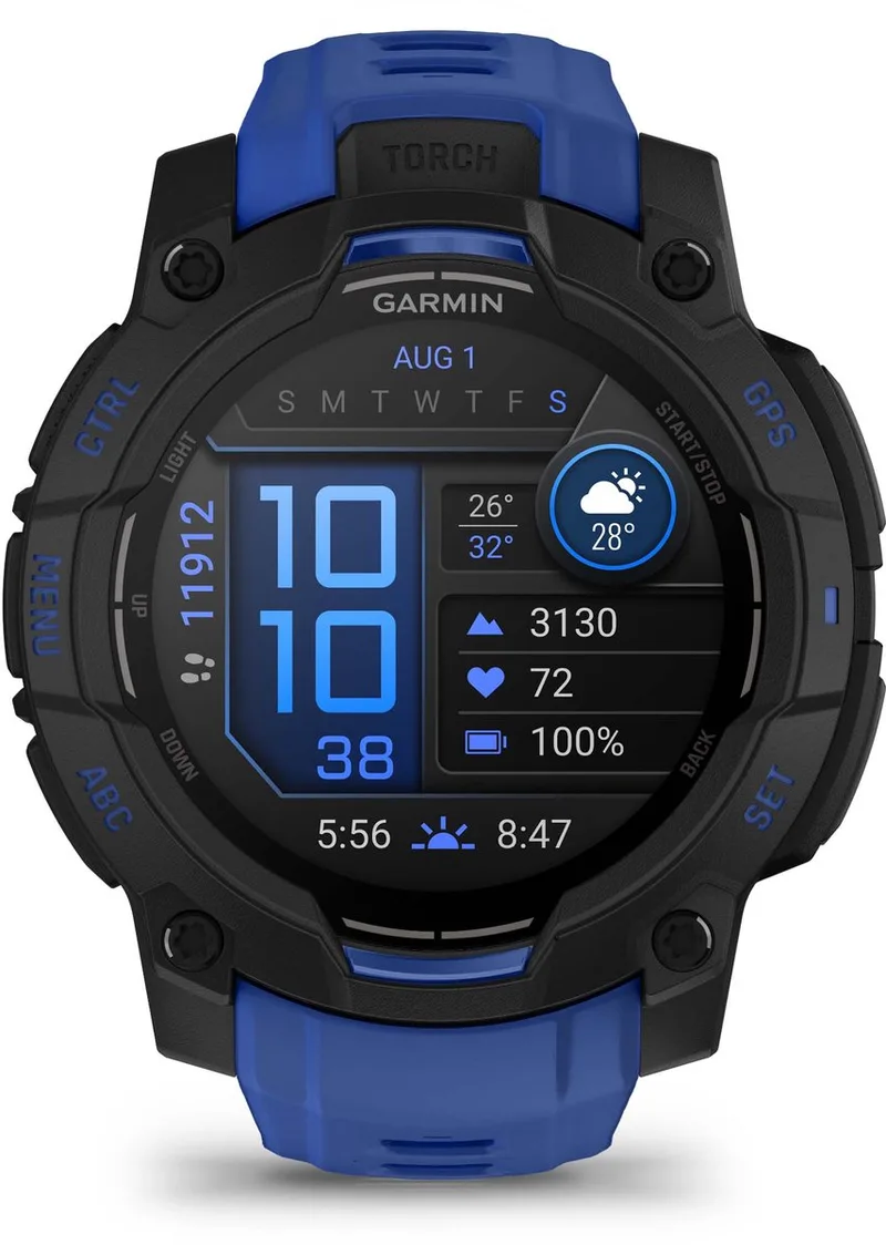 Instinct 3- Smartwatch - 45mm - AMOLED - Zwart & Blauw - Limited Edition von Garmin in Zwrat met blauw – Produktfoto