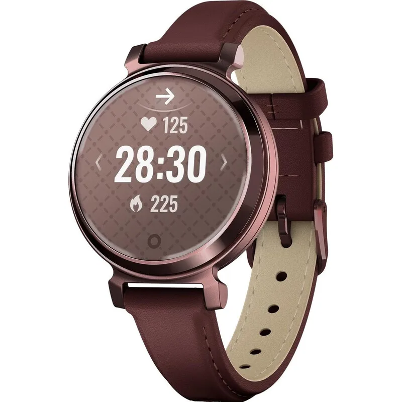 Lily 2 Smartwatch, 1,38 Zoll Display, Aluminiumgehäuse, Gorilla Glass 3, Lederarmband, GPS, Herzfrequenz und SpO2, GARMIN Pay, Bis zu 5 Tage Akkulaufzeit, 5 ATM, Dunkelbronze und Maulbeere de Garmin – photo produit