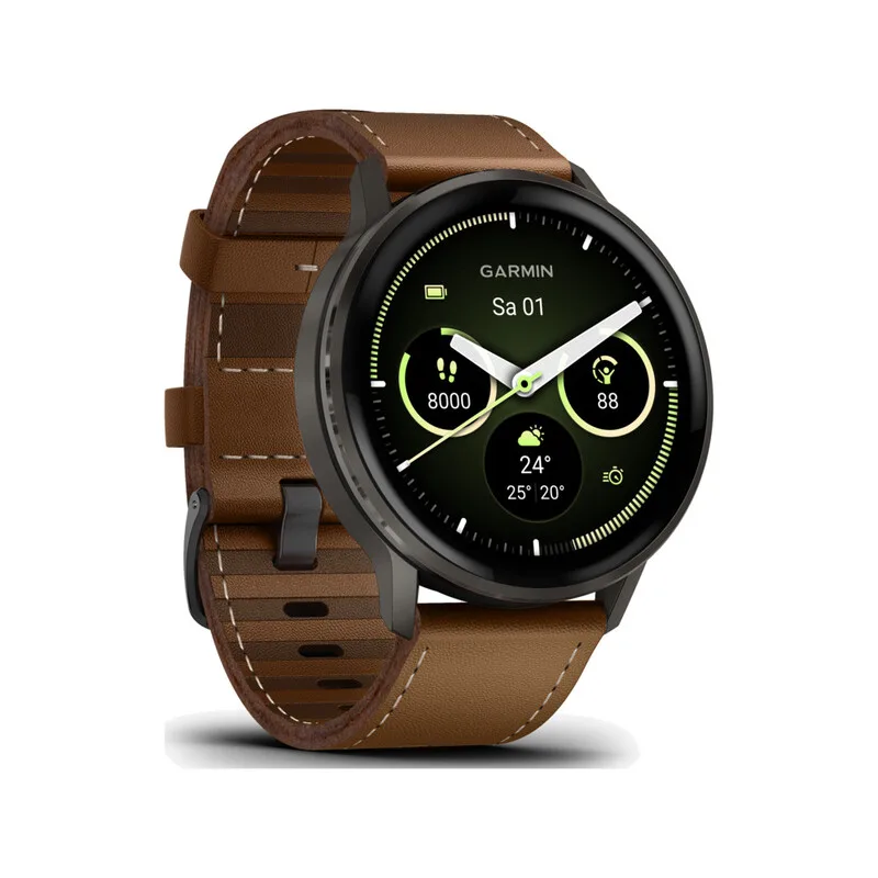 Smartwatch, 1,4 Zoll AMOLED Touchscreen, bis zu 12 Tage Akkulaufzeit, 80+ Sport-Apps, GPS GLONASS Galileo, 5 ATM, GARMIN Pay, Edelstahl-Lünette, Braun de Garmin – photo produit