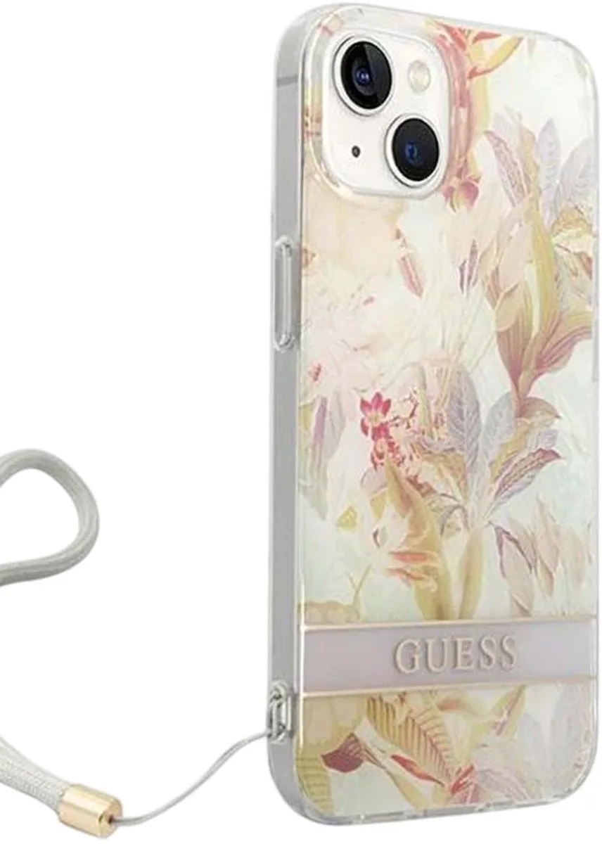 Apple iPhone 14 Plus Hoesje Hard Case Purple Flower Strap van Guess in Meerkleurig – productfoto