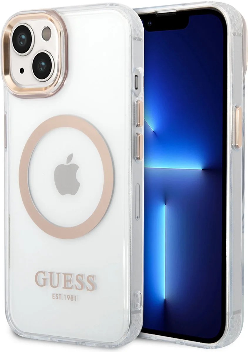 Apple iPhone 14 Plus Hoesje MagSafe Hard Case Metal Outline von Guess in Gold – Produktfoto