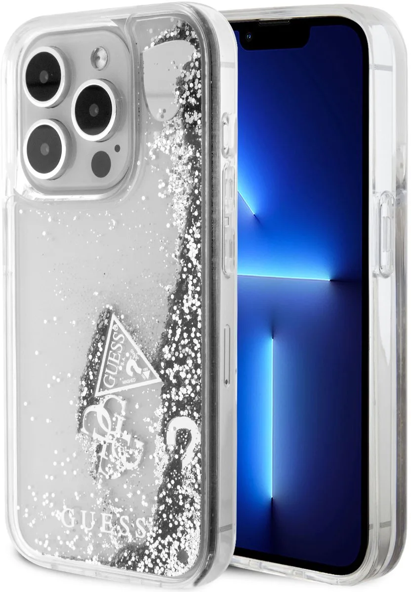 Back Cover - Apple iPhone 15 Pro - Liquid Glitter - Charm Pattern - Zilver van Guess in Transparant – productfoto