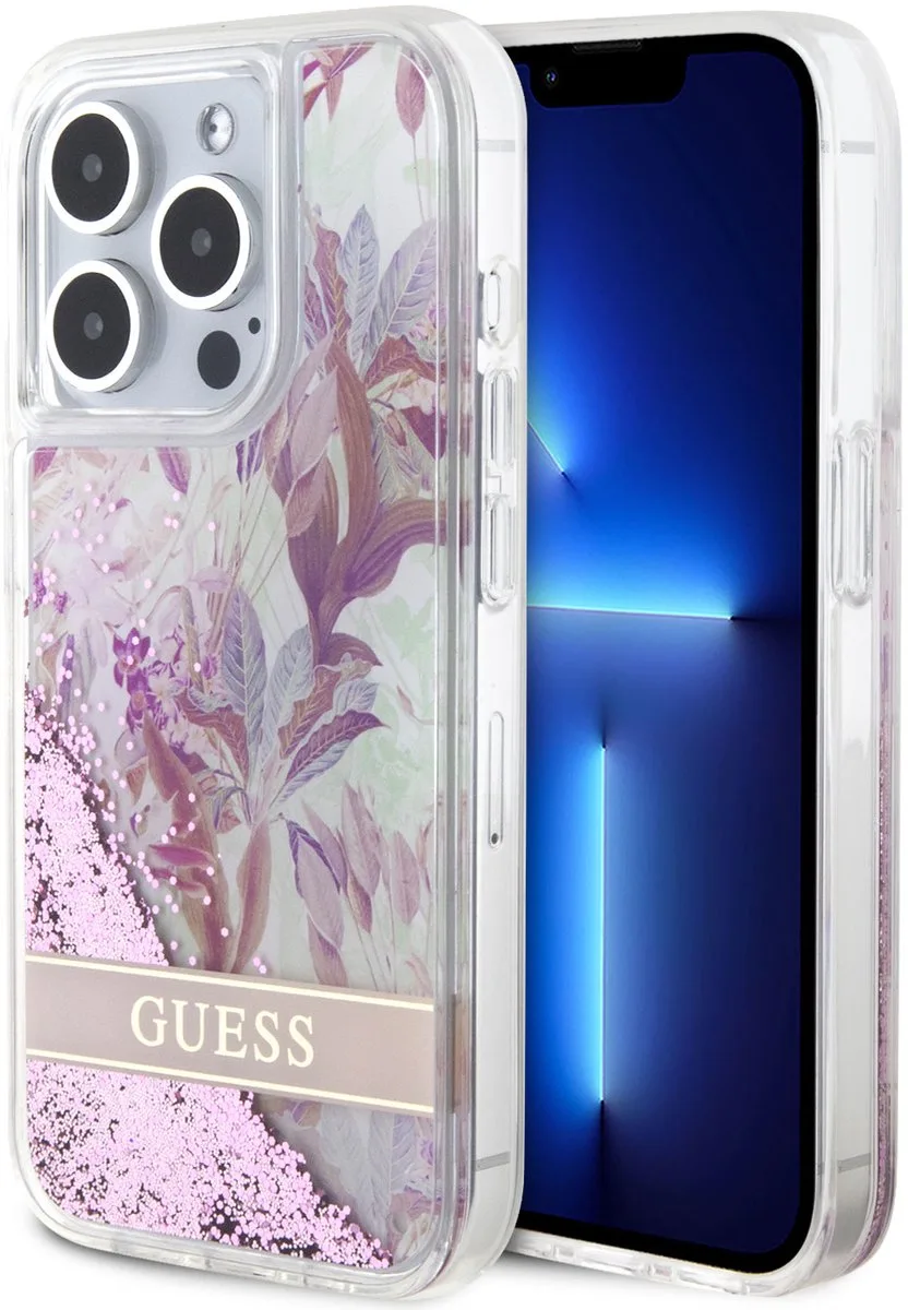 Back Cover - Apple iPhone 15 Pro - Liquid Glitter - Flower Pattern van Guess in Roze – productfoto