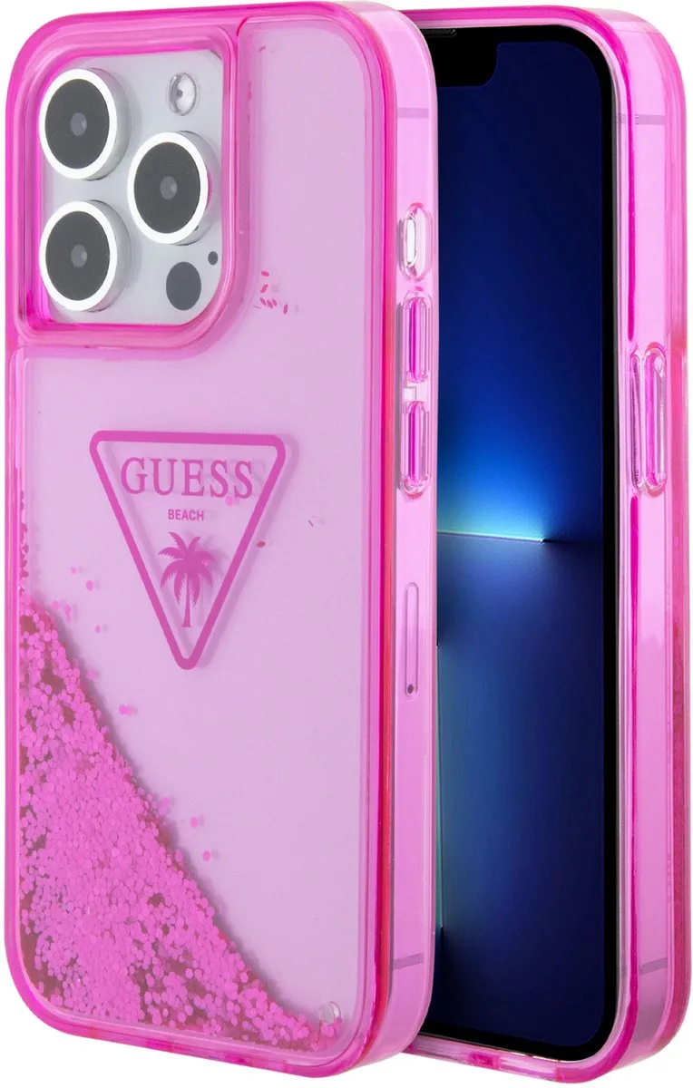 Back Cover - Apple iPhone 15 Pro - Liquid Glitter - Schokbestendig - Translucent Logo de Guess en Fuchsia – photo produit
