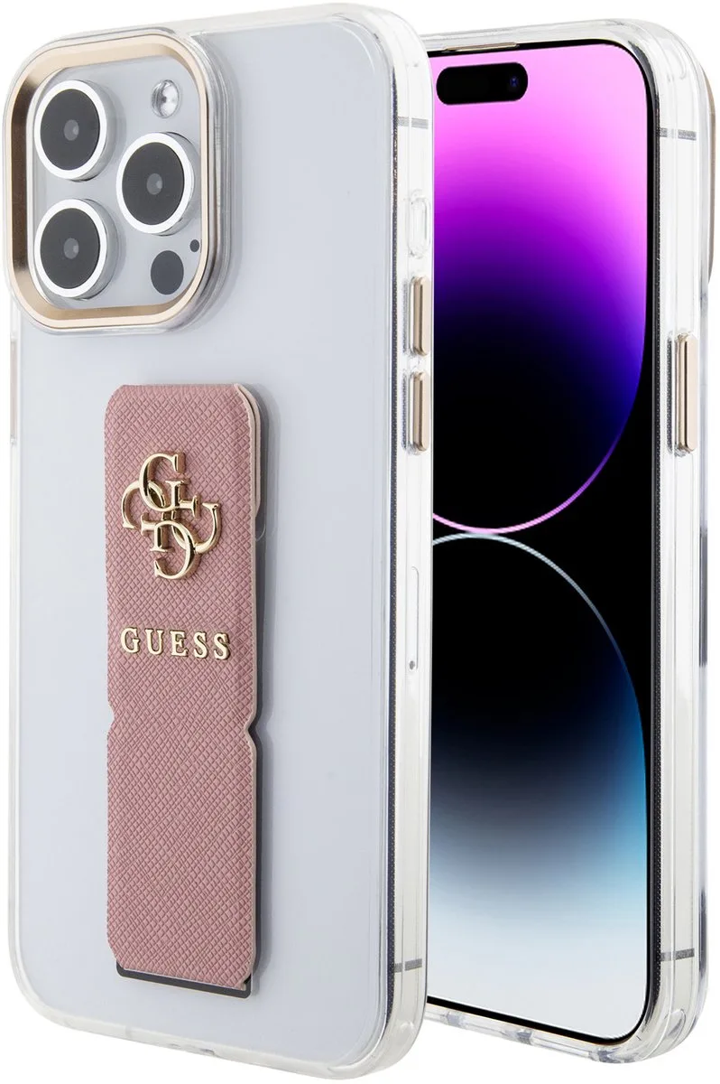 Back Cover - Compatibel met iPhone 15 Pro - Saffiano Gripstand de Guess en Rose – photo produit