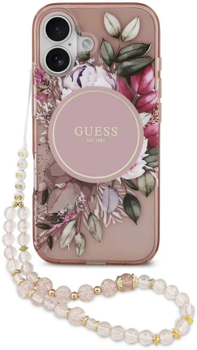 Back Cover hoesje - iPhone 17 - IML Flowers met Kralen Strap van Guess in Roze – productfoto