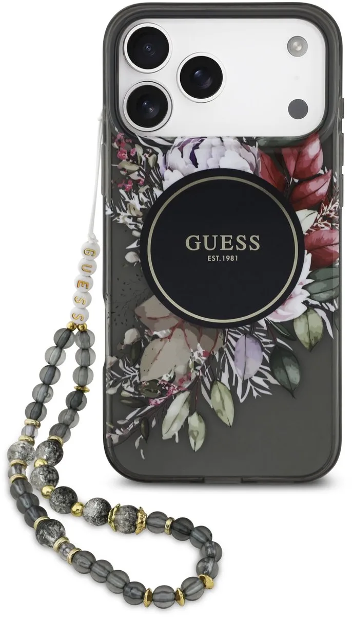 Back cover hoesje - iPhone 17 Pro Max - Magsafe met bloemenprint en polskoord van Guess in Zwart – productfoto