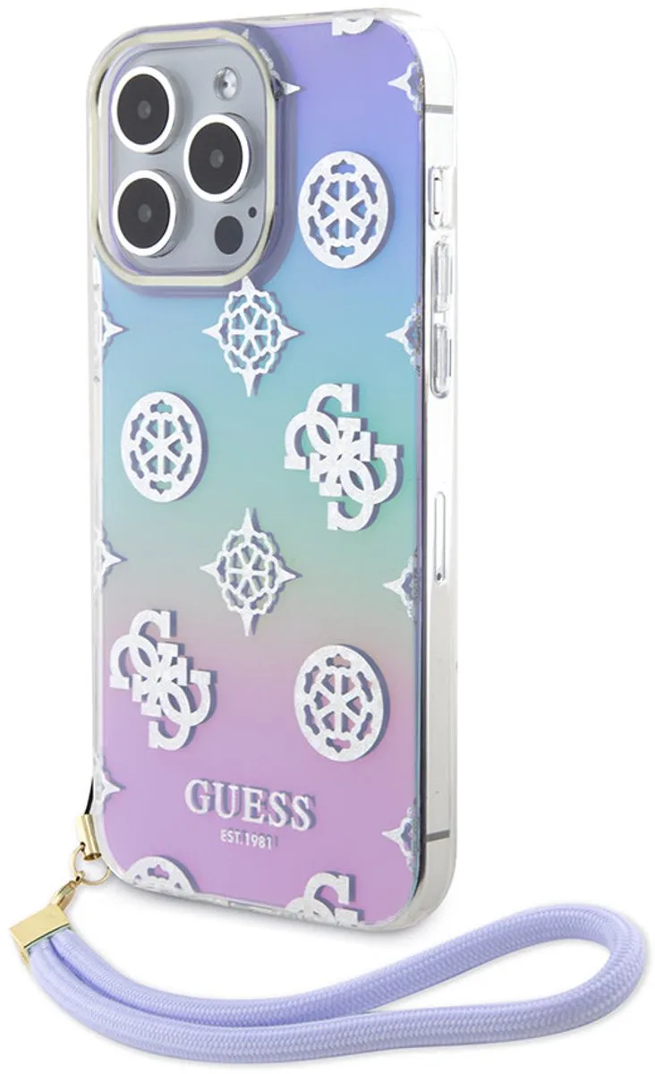 Back Cover - Hoesje voor iPhone 15 Pro Max - Glitterpatroon - Inclusief Polskoord de Guess en Violet – photo produit
