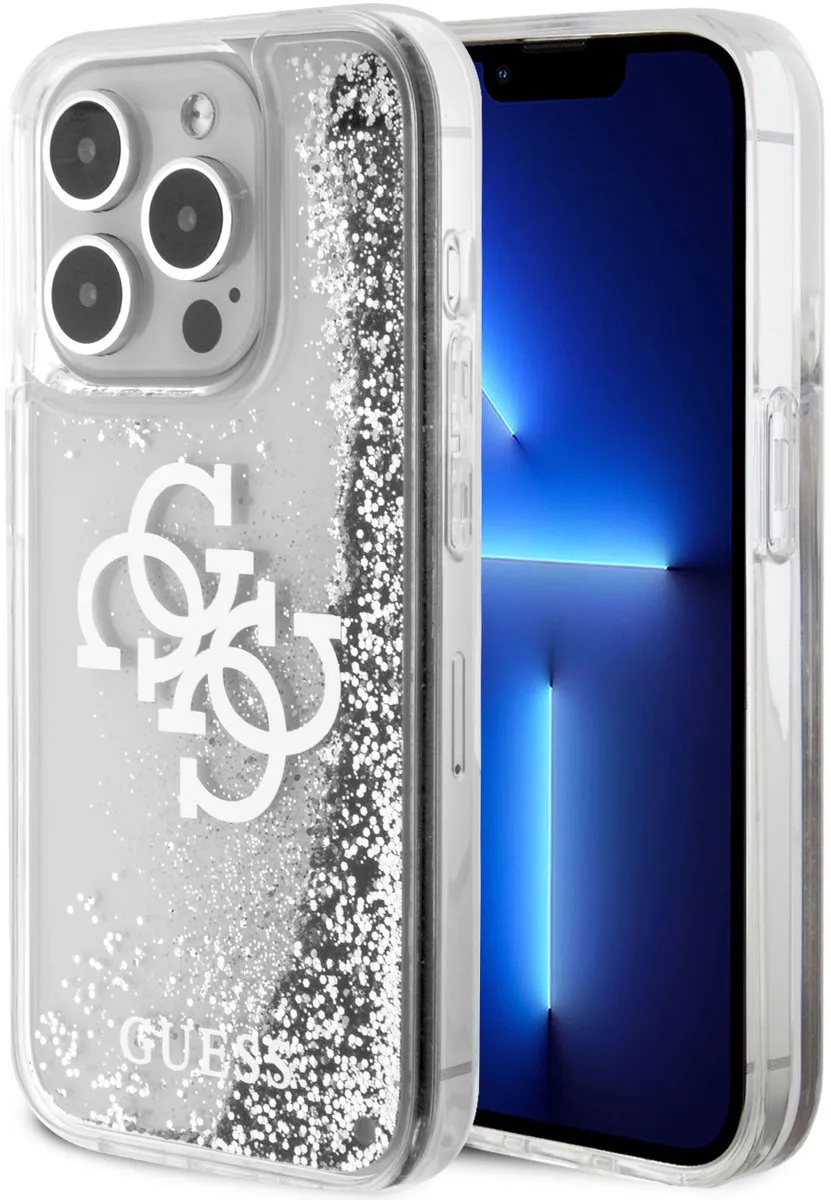 Back Cover - iPhone 15 Pro - Liquid Glitter - Electroplated Logo - Zilver de Guess en Transparent – photo produit