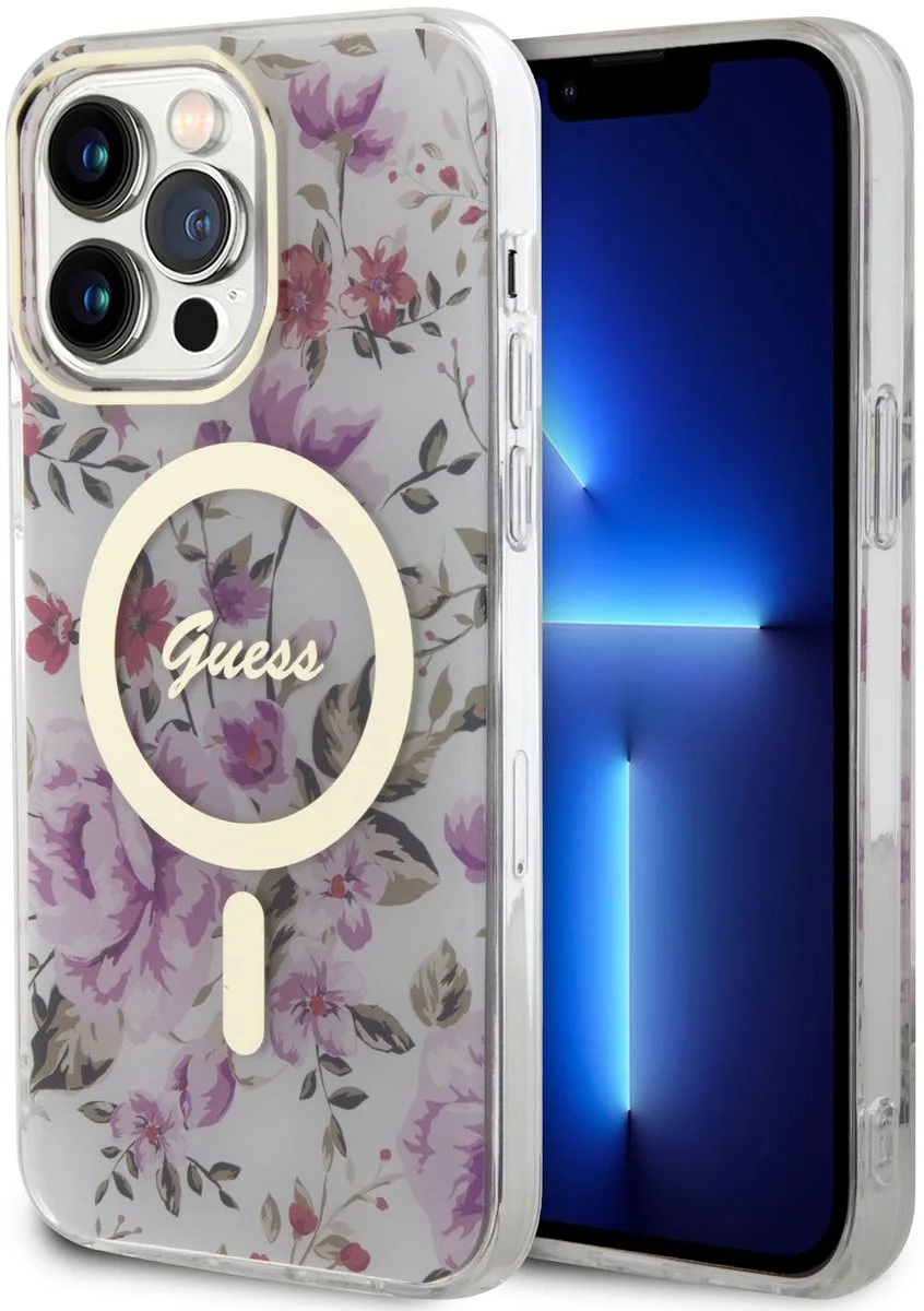 Back Cover - iPhone 15 Pro - MagSafe-compatibel - Bloemenprint de Guess en Transparent – photo produit