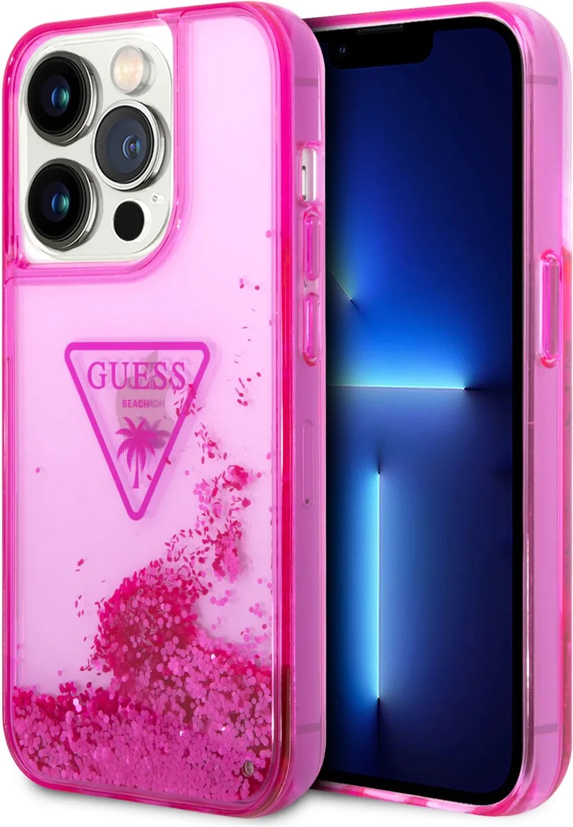 Back Cover - iPhone 15 Pro Max - Liquid Glitter - Transparant Logo de Guess en Fuchsia – photo produit