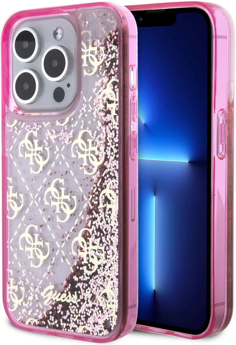 Back Cover - iPhone 15 Pro - Schokabsorberend TPU - Liquid Glitter Design de Guess en Rose – photo produit