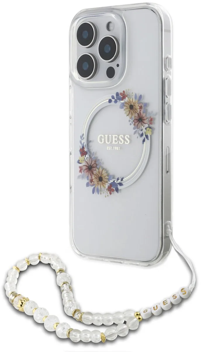 Back cover - iPhone 16 Pro - Magsafe & Flower Wreath Design - Incl. Pearl Strap de Guess en Transparent – photo produit