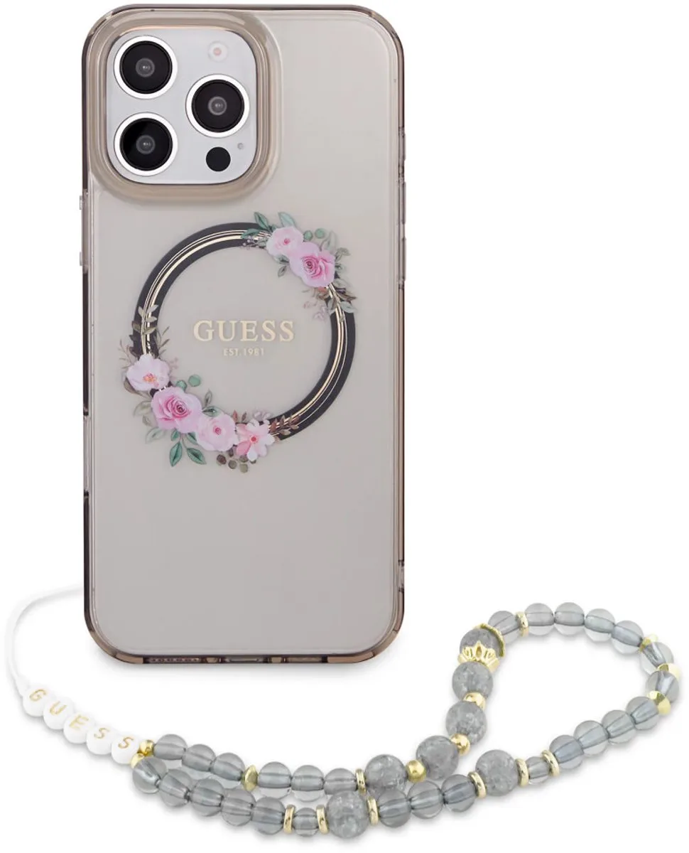Back cover iPhone 16 Pro - Magsafe IML - Flower Wreath Design & Pearl Strap de Guess en Noir – photo produit