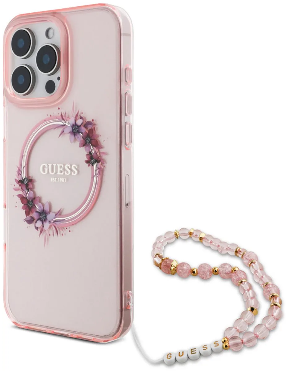 Back cover iPhone 16 Pro - Magsafe IML - Flower Wreath Design & Pearl Strap de Guess en Rose – photo produit