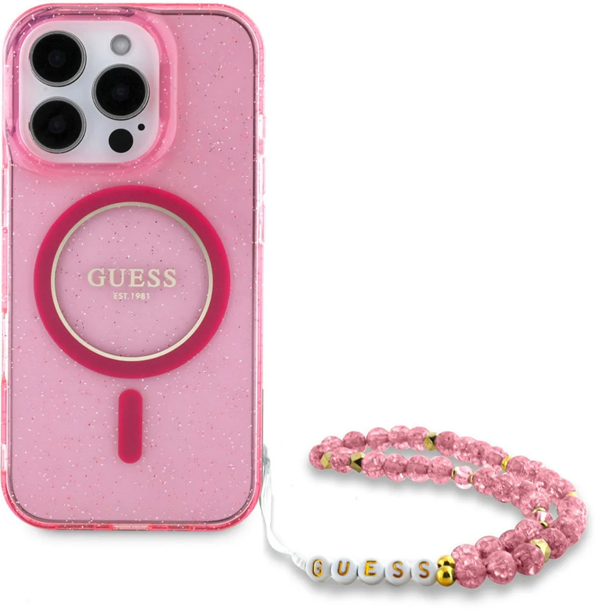 Back cover - iPhone 16 Pro Max - Glitter - Met polskoord voor extra grip de Guess en Rose – photo produit
